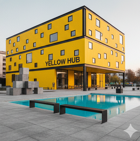 Exterior view of the Yellow Hub pavilion with bold geometric lines